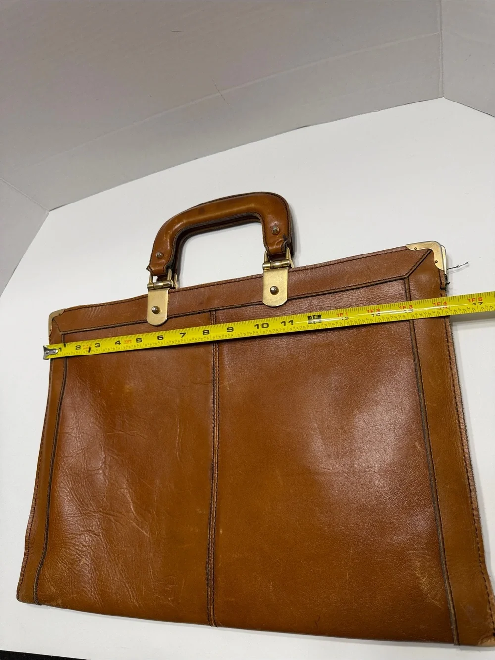 Men's Tan Leather Top-Handle Briefcase with Brass Accents
